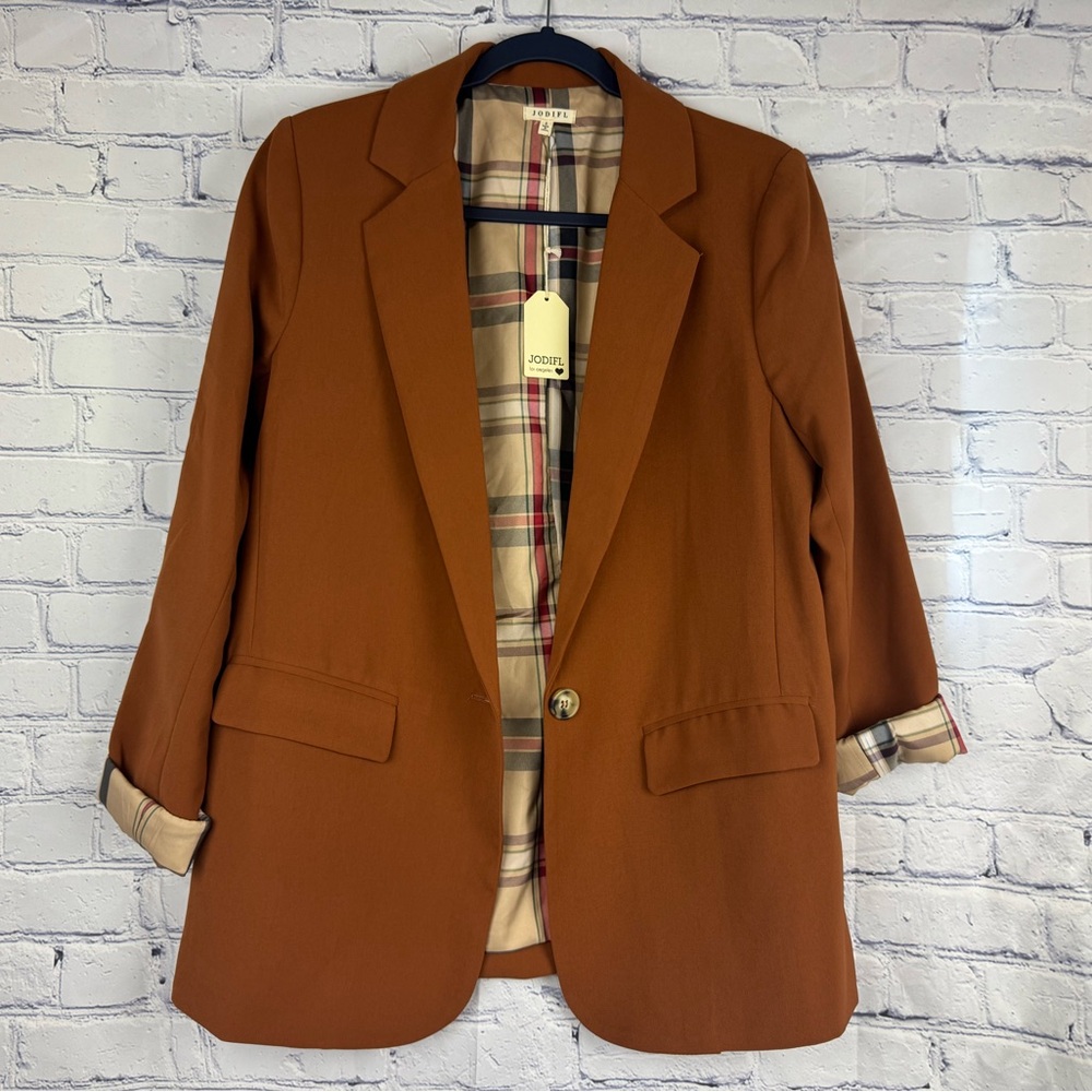 JODIFL Brown Blazer with Plaid Interior